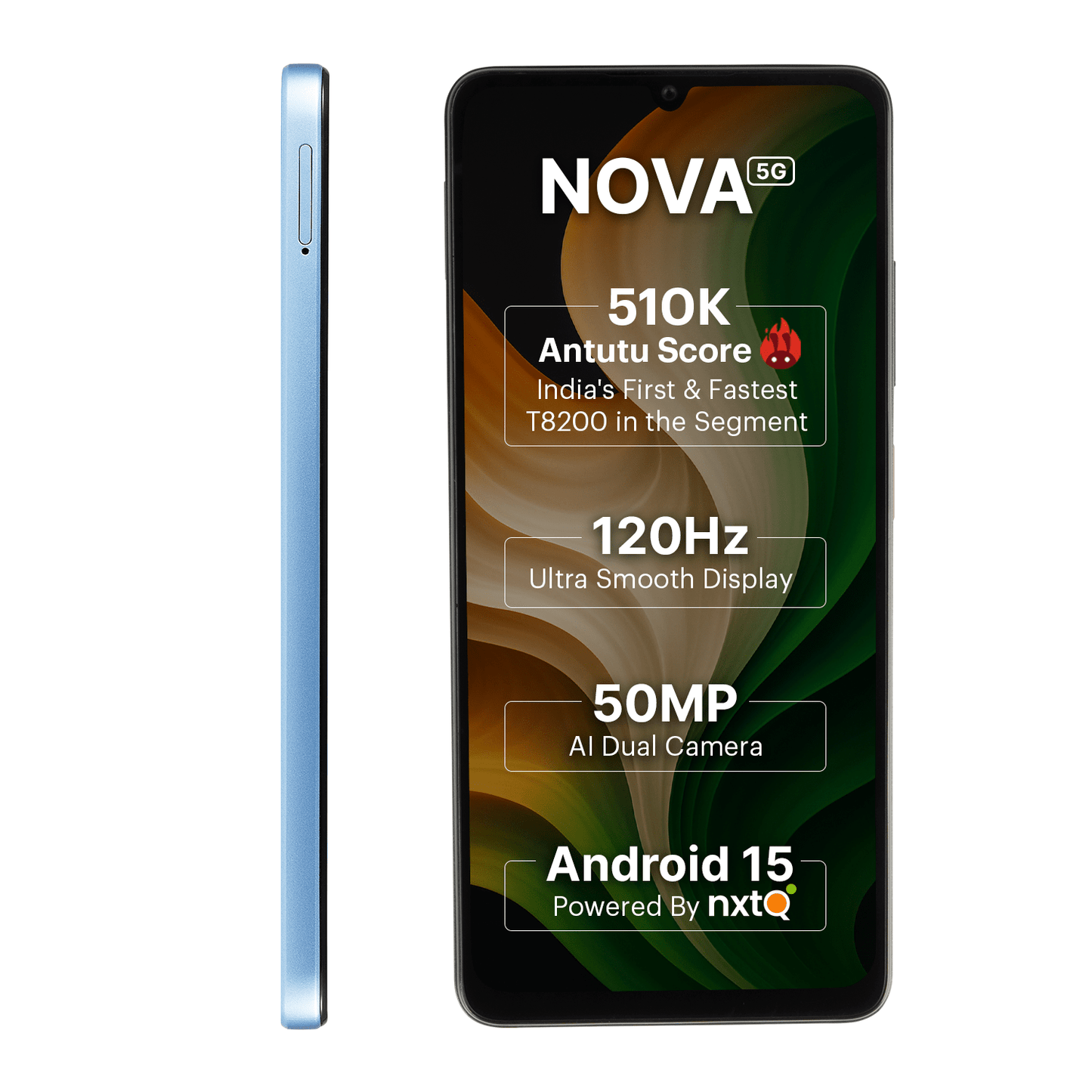 AI+ Nova 5G (Blue) Front side and left side
