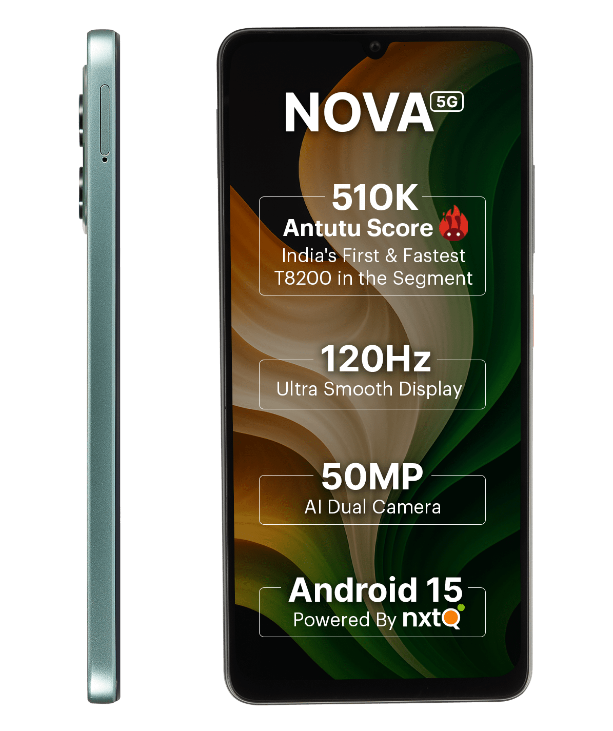 AI+ Nova 5G (Green) Front side and left side