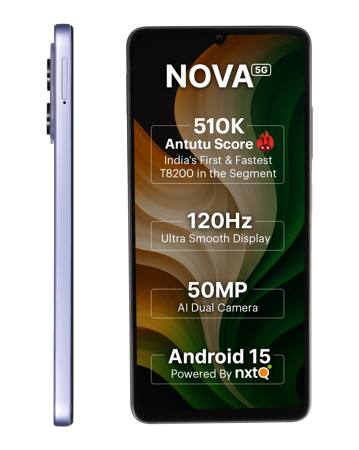 AI+ Nova 5G (Purple) Front side and left side