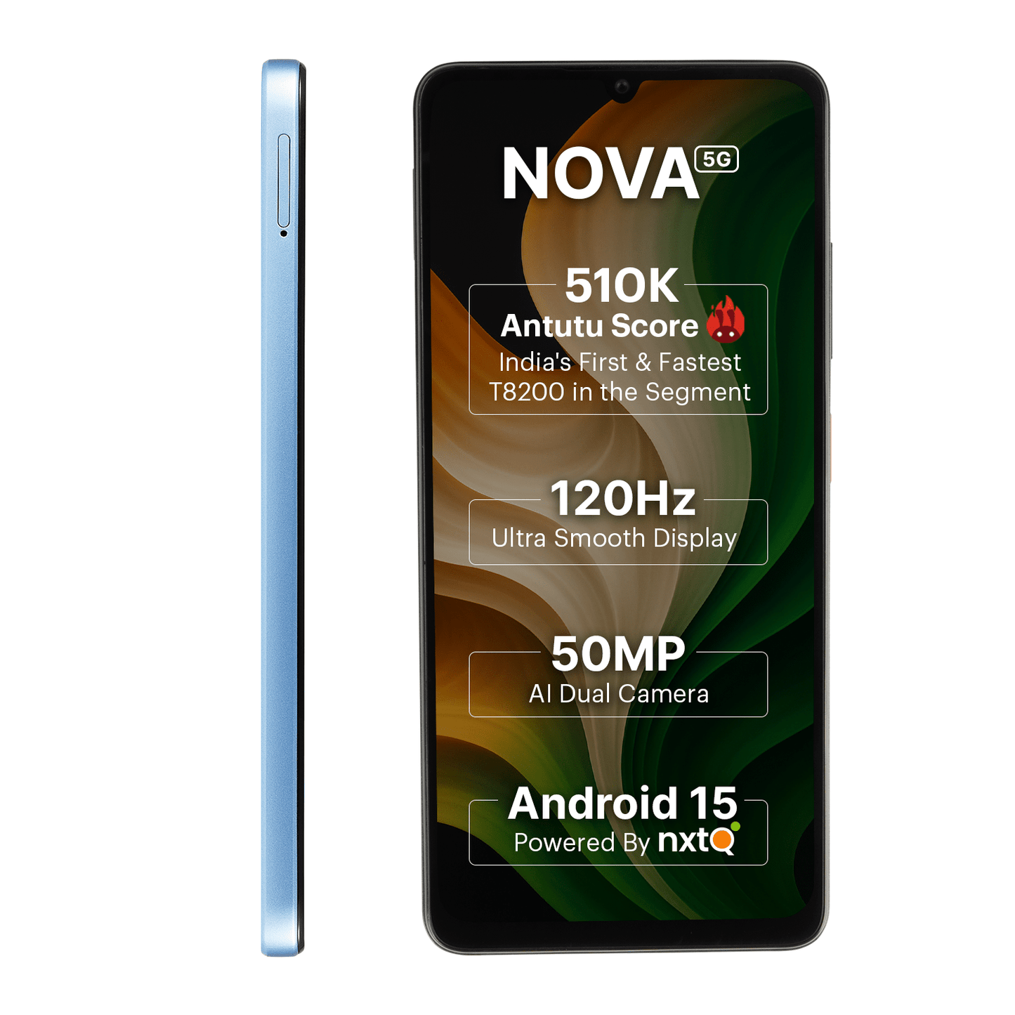 AI+ Nova 5G (Blue) Front side and left side