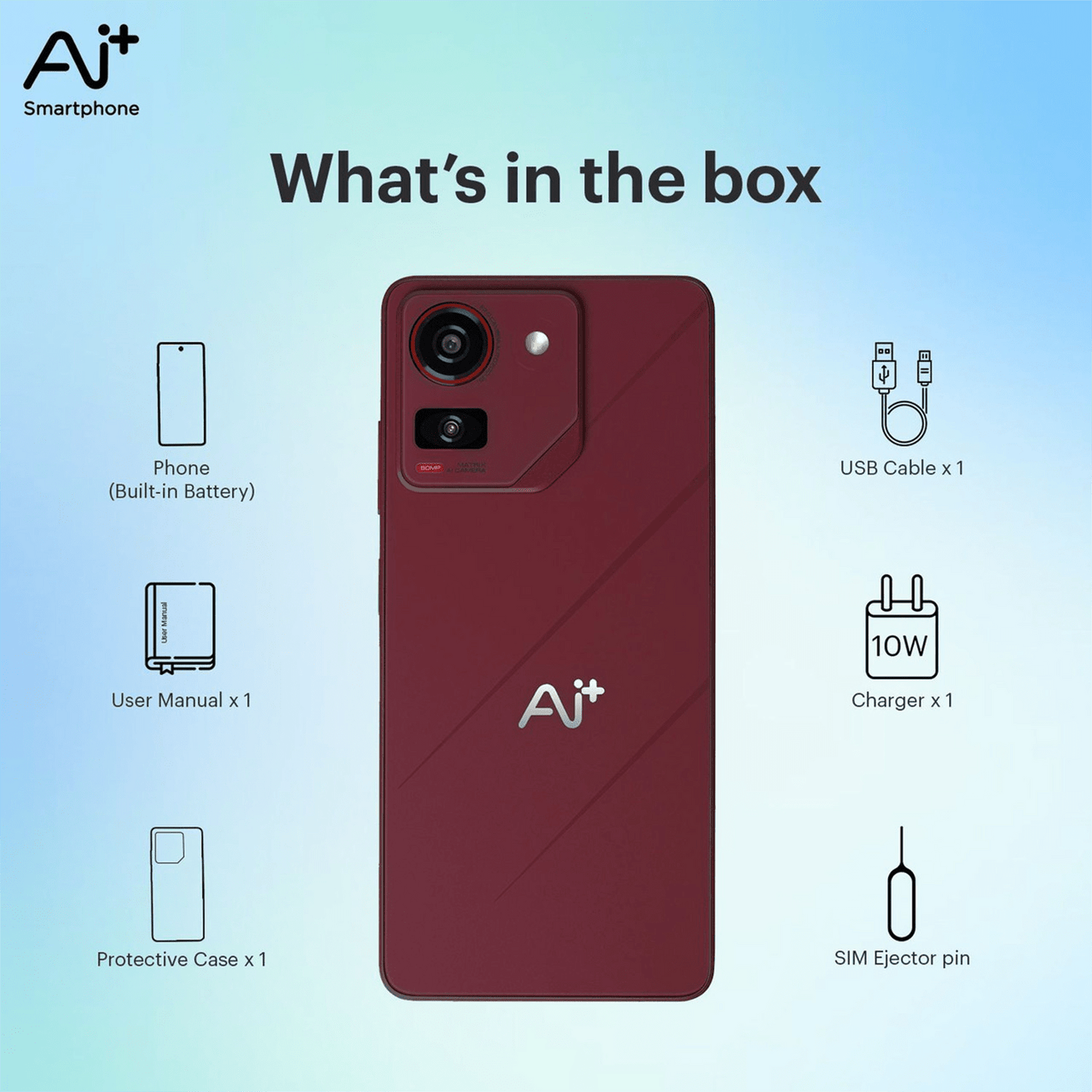 AI+ Pulse (Sparkle Red) What 's in the box -Phone, user manual , Protective Case ,USB Cable, Charger , Sim Ejector pin
