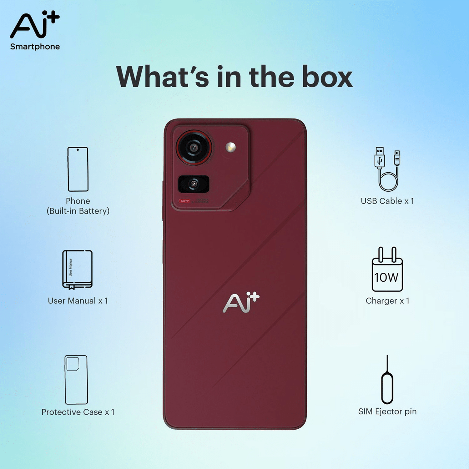 AI+ Pulse (Sparkle Red) What 's in the box -Phone, user manual , Protective Case ,USB Cable, Charger , Sim Ejector pin