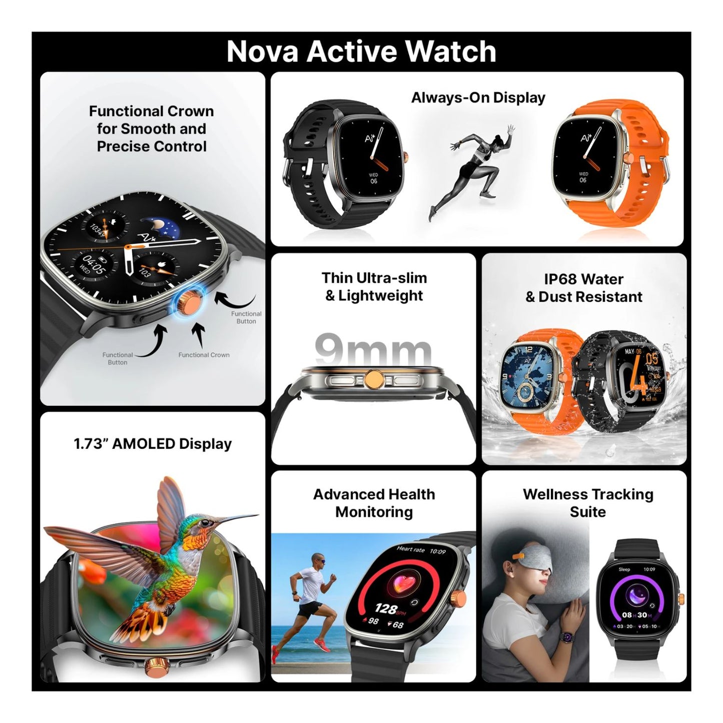 Ai+ NovaWatch Active 9mm Slim, 1.73" AMOLED Display, BT Calling, IP68 Smartwatch (Classic Black Strap, Free Size)