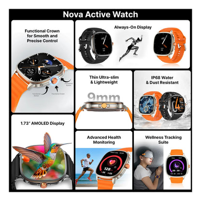 Ai+ NovaWatch Active 9mm Slim, 1.73" AMOLED Display, BT Calling, IP68 Smartwatch (Bright Orange Strap, Free Size)