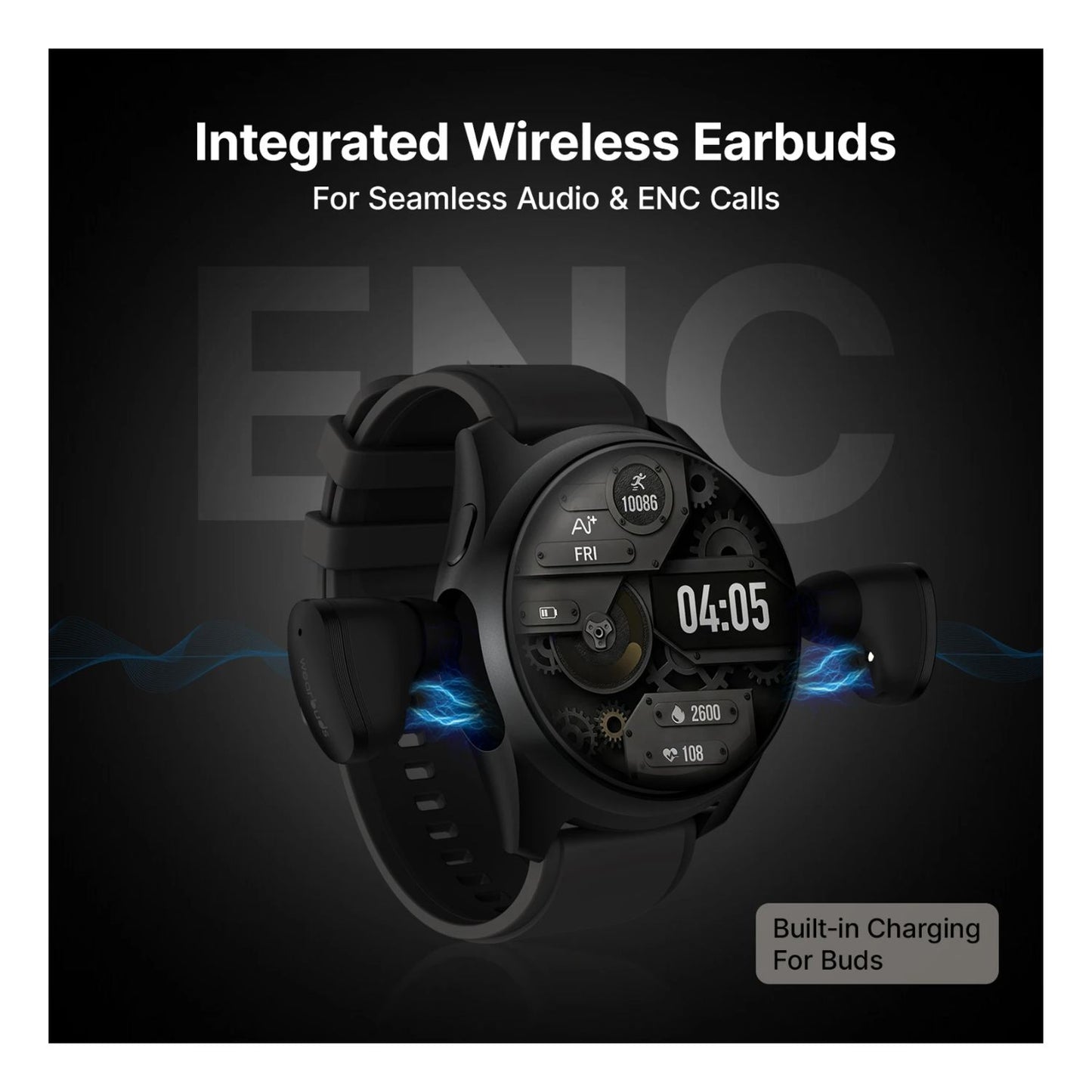 Ai+ Wearbuds with Built-in TWS, ENC & Sports Modes, Health Suite Smartwatch (Midnight Black Strap, Free Size)