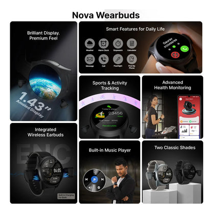 Ai+ Wearbuds with Built-in TWS, ENC & Sports Modes, Health Suite Smartwatch (Midnight Black Strap, Free Size)