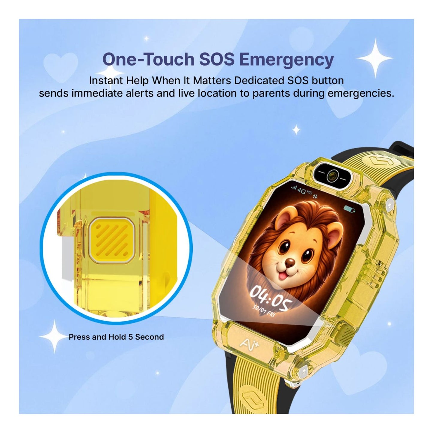 Ai+ NovaWatch Kids 4G with Live GPS, Video Call, SOS & Geo-Fencing Smartwatch (Sunny Yellow Strap, Free Size)