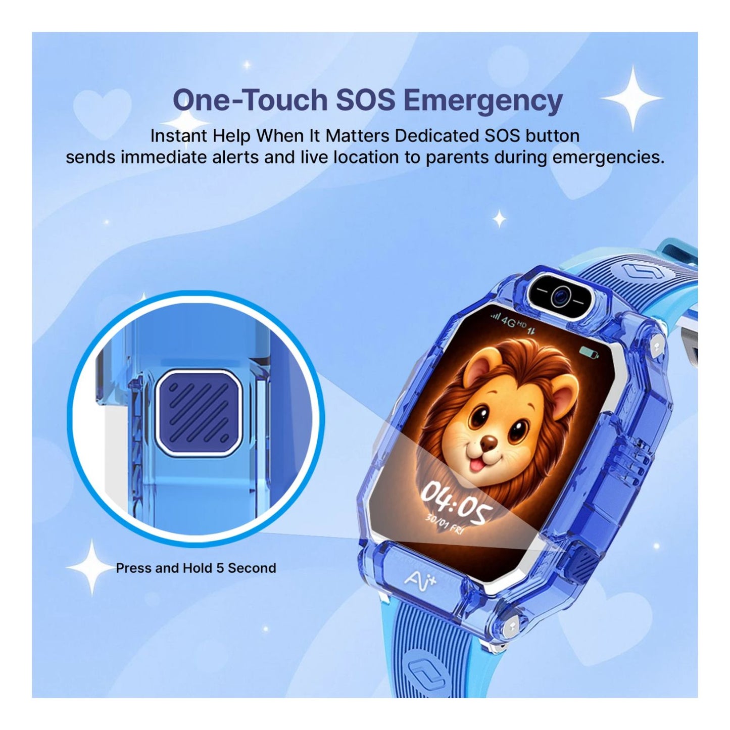 Ai+ NovaWatch Kids 4G with Live GPS, Video Call, SOS & Geo-Fencing Smartwatch (Thunder Blue Strap, Free Size)