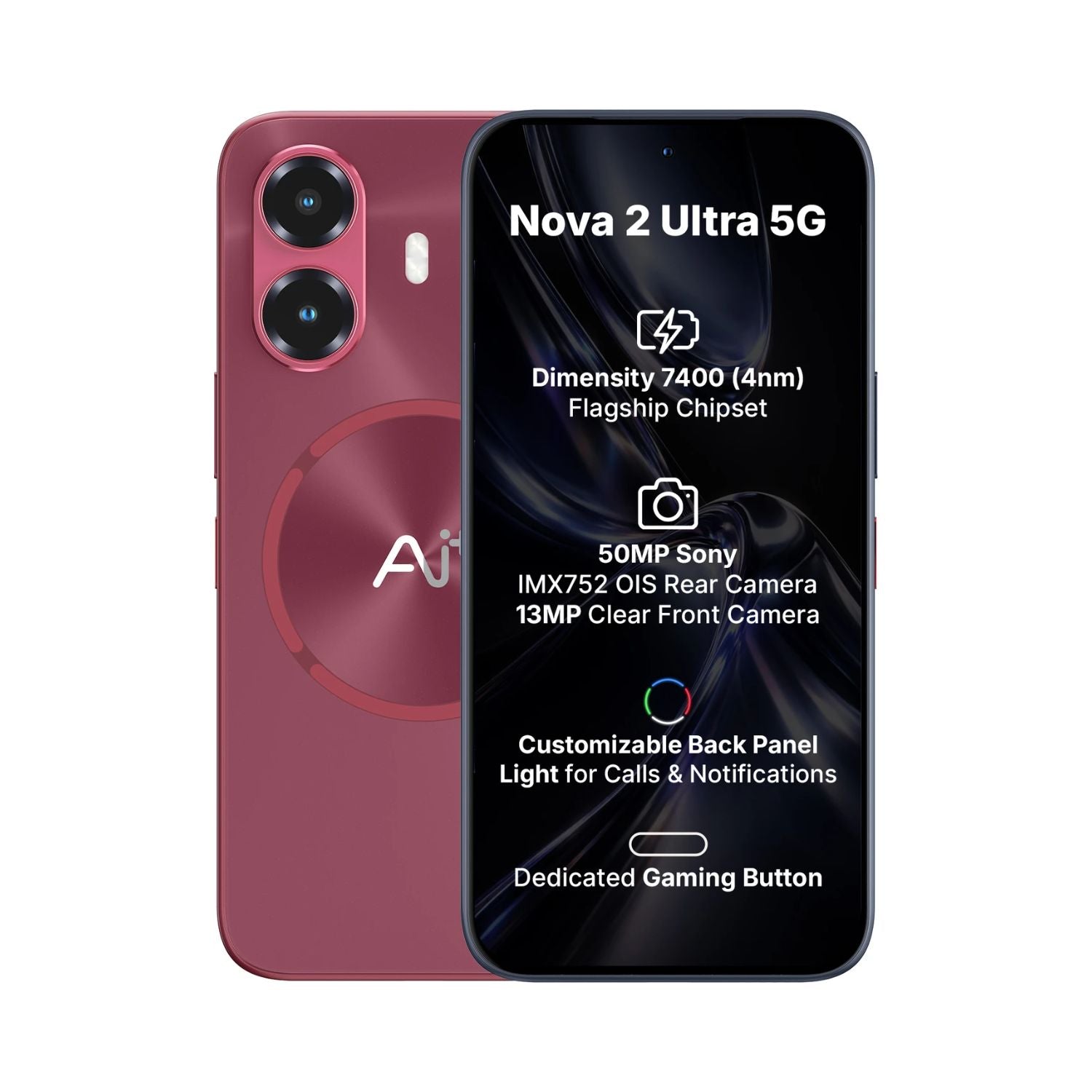 Red smartphone with screen displaying technical specifications on a white background