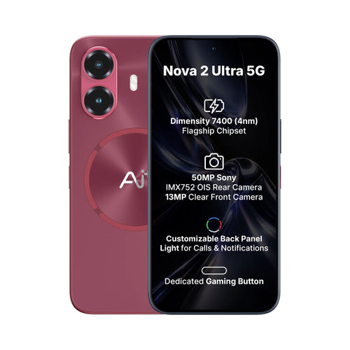 Red smartphone with screen displaying technical specifications on a white background