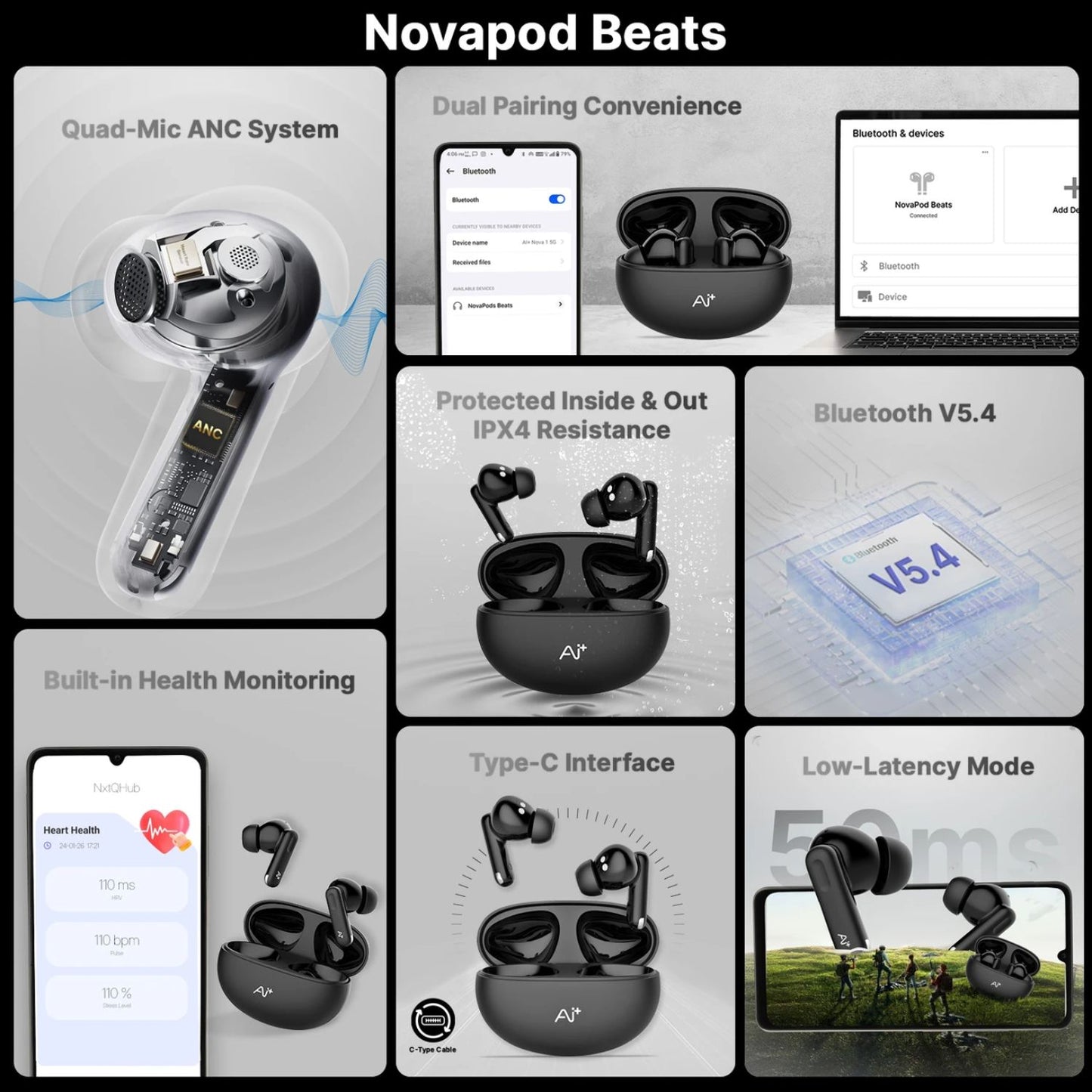 Ai+ NovaPod Beats with Heart Rate Sensor, 35db ANC, 50ms Ultra Low Latency Bluetooth Headset (Black Chrome, True Wireless)