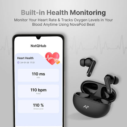 Ai+ NovaPod Beats with Heart Rate Sensor, 35db ANC, 50ms Ultra Low Latency Bluetooth Headset (Black Chrome, True Wireless)