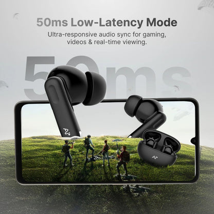 Ai+ NovaPod Beats with Heart Rate Sensor, 35db ANC, 50ms Ultra Low Latency Bluetooth Headset (Black Chrome, True Wireless)