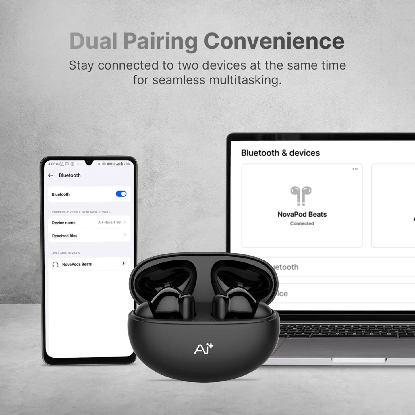 Ai+ NovaPod Beats with Heart Rate Sensor, 35db ANC, 50ms Ultra Low Latency Bluetooth Headset (Black Chrome, True Wireless)