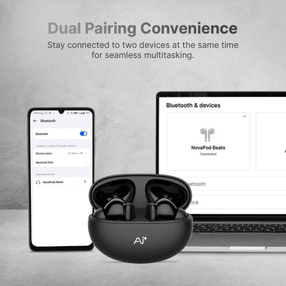 Ai+ NovaPod Beats with Heart Rate Sensor, 35db ANC, 50ms Ultra Low Latency Bluetooth Headset (Black Chrome, True Wireless)