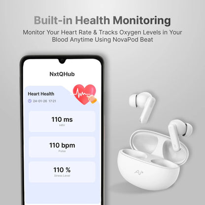 Ai+ NovaPod Beats with Heart Rate Sensor, 35db ANC, 50ms Ultra Low Latency Bluetooth Headset (Pearl White, True Wireless)