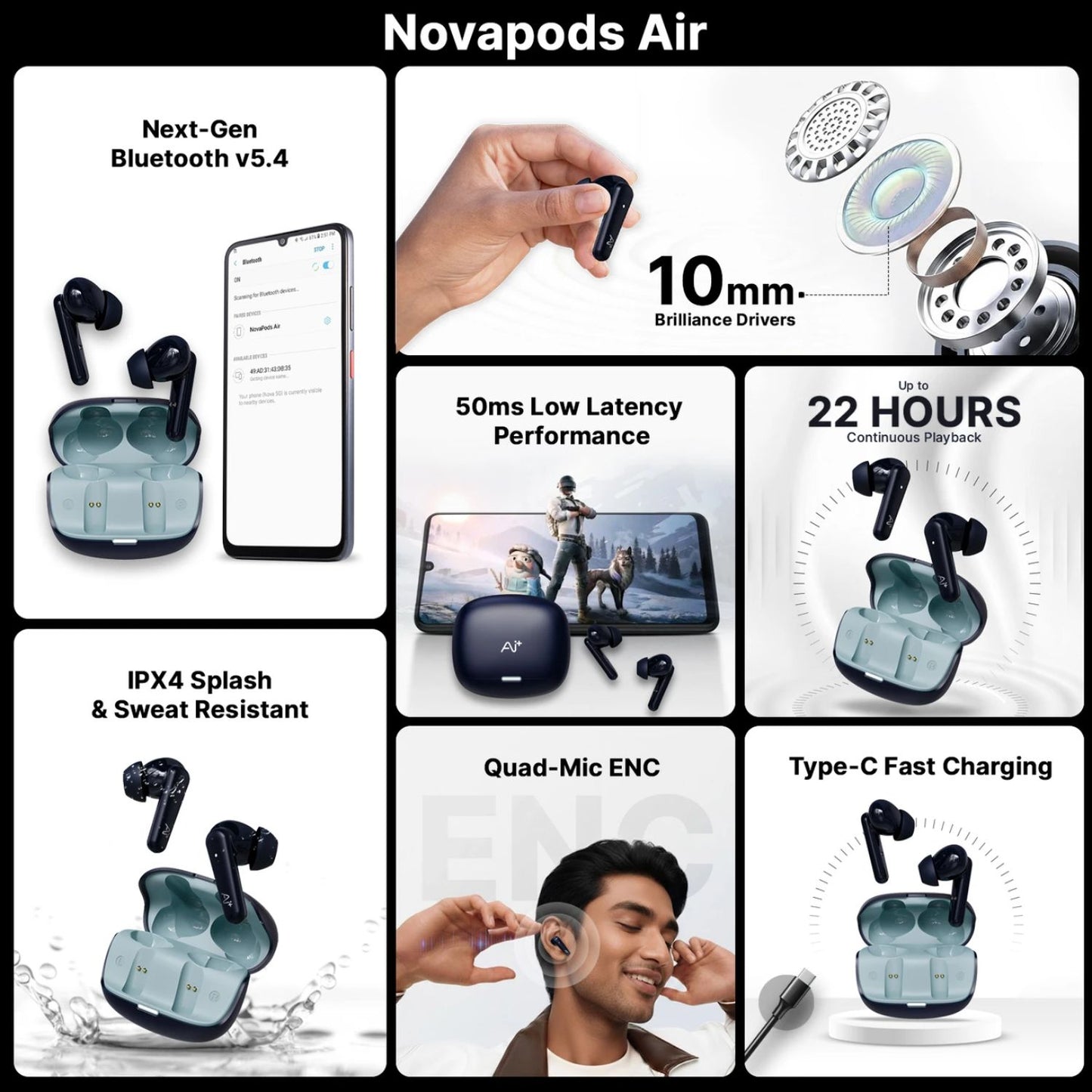Ai+ NovaPods Air 4 Mic ENC, 50ms Ultra Low Latency, 22Hours Playtime, IPX4 Bluetooth Headset (Aaqua Blue, True Wireless)