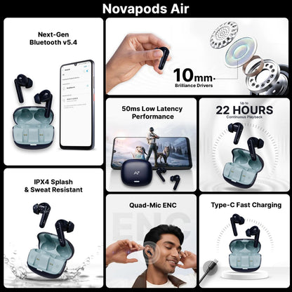 Ai+ NovaPods Air 4 Mic ENC, 50ms Ultra Low Latency, 22Hours Playtime, IPX4 Bluetooth Headset (Aaqua Blue, True Wireless)