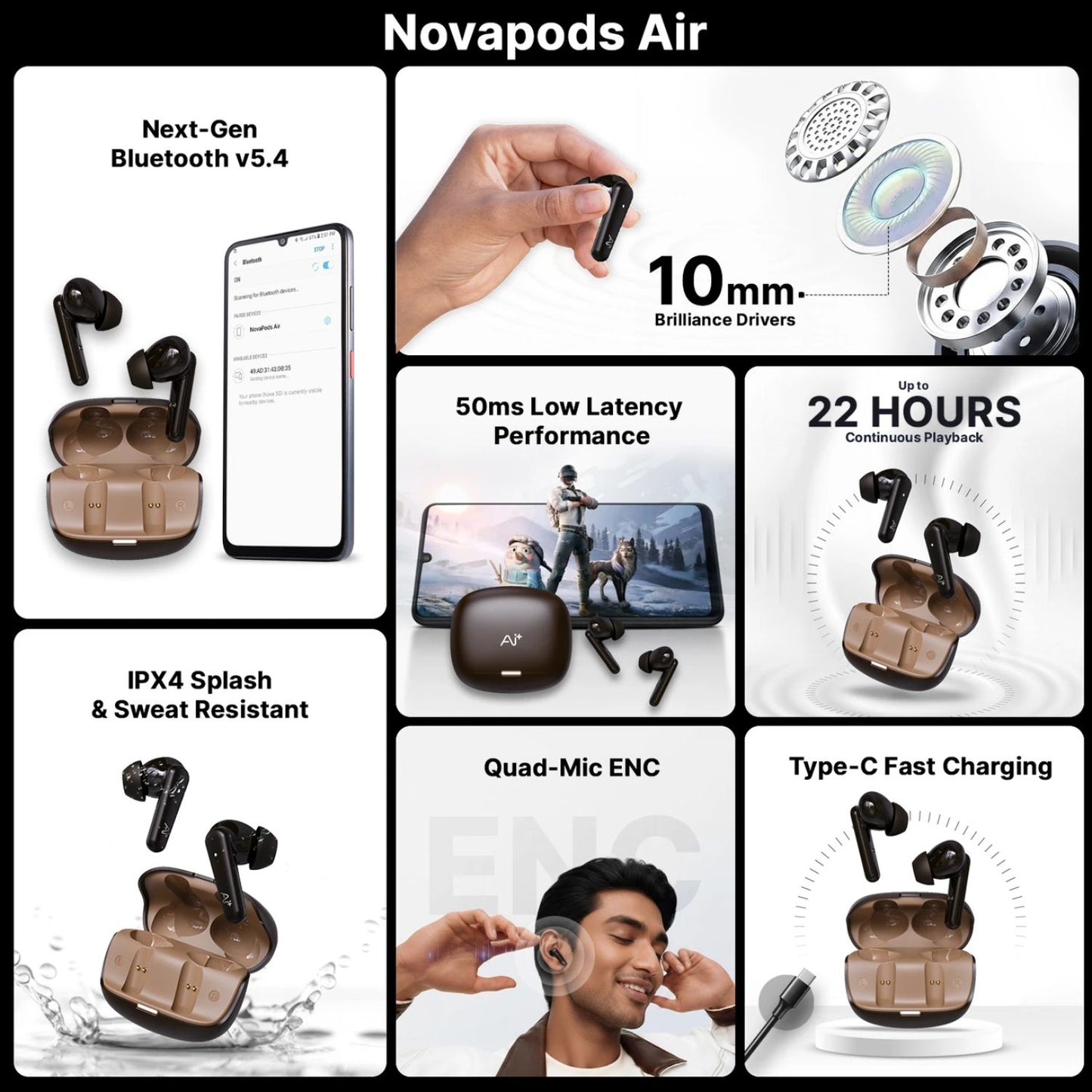 Ai+ NovaPods Air 4 Mic ENC, 50ms Ultra Low Latency, 22Hours Playtime, IPX4 Bluetooth Headset (Expresso Brown, True Wireless)