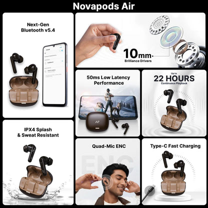 Ai+ NovaPods Air 4 Mic ENC, 50ms Ultra Low Latency, 22Hours Playtime, IPX4 Bluetooth Headset (Expresso Brown, True Wireless)